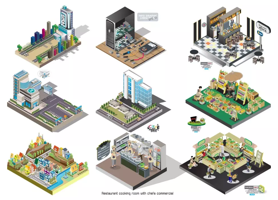 وکتور مجموعه ساختمان های ایزومتریک و شهر سازی