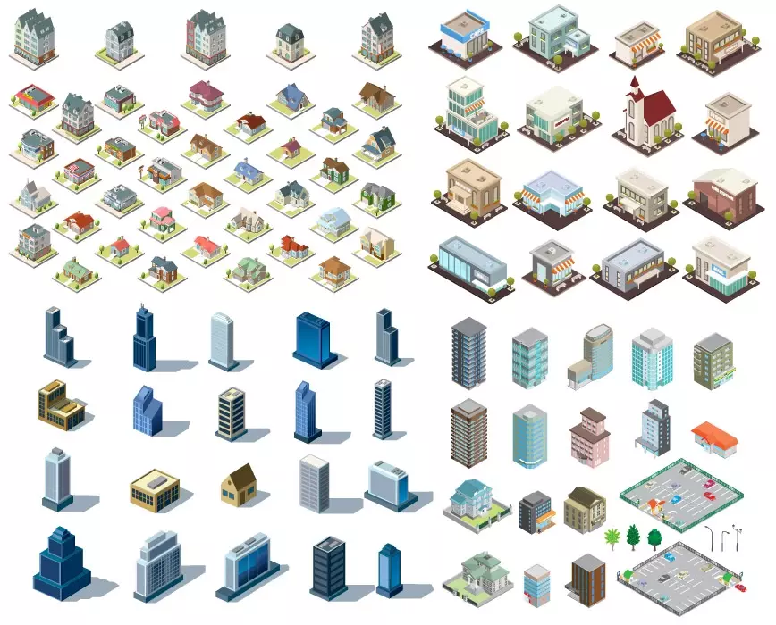 وکتور ست ساختمان های ایزومتریک و شهر