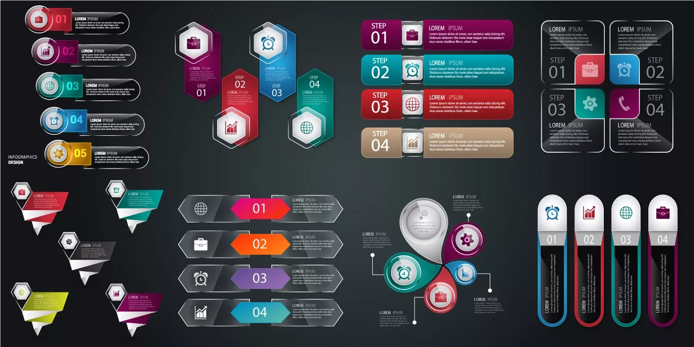وکتور مجموعه قالب های اینفوگرافیک شیشه ای مدرن
