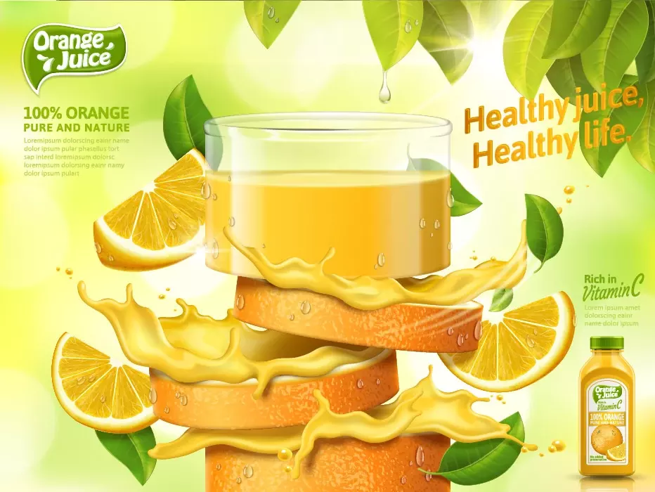 وکتور طراحی تبلیغ واقع بینانه آبمیوه پرتقال