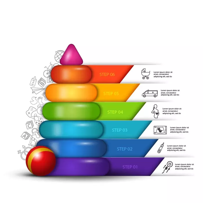 وکتور اینفوگرافیک رنگارنگ با شش مرحله و پله