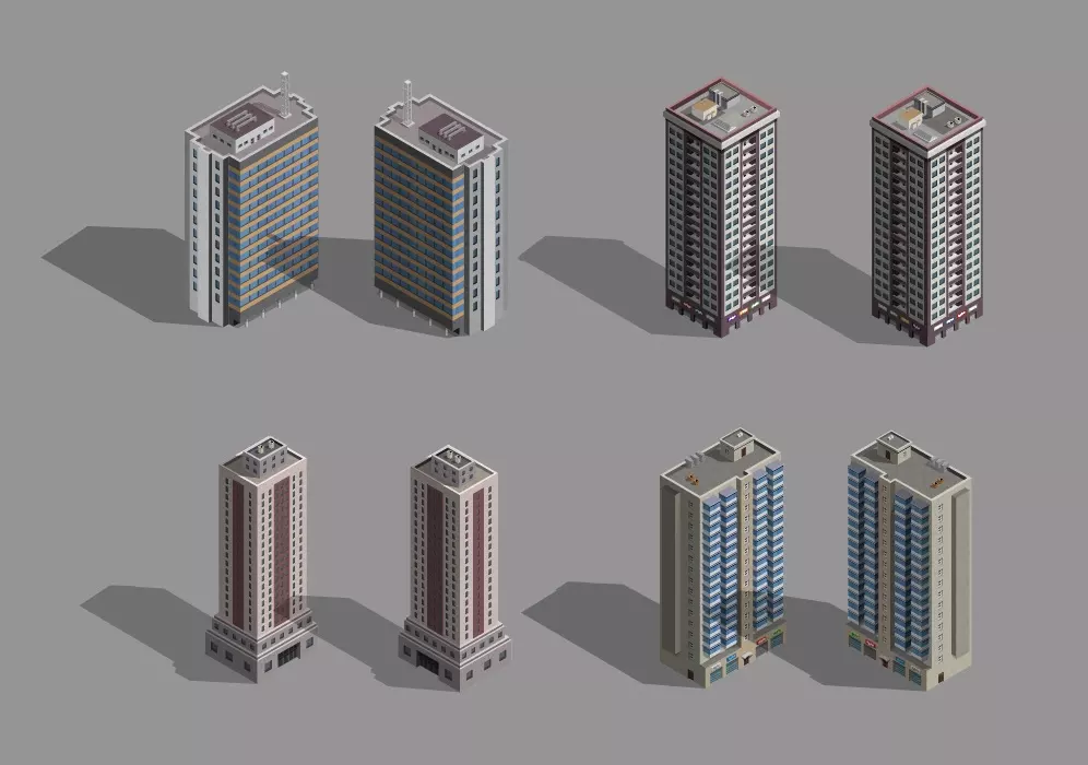 وکتور ساختمان و برج های ایزومتریک سه بعدی