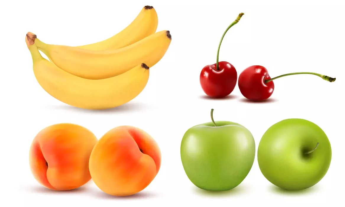 وکتور میوه های واقع بینانه سیب و موز و هلو و گیلاس