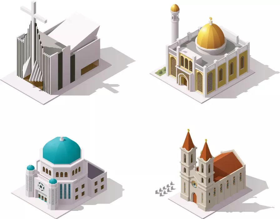 وکتور ست طراحی ایزومتریک ساختمان مذهبی مسجد و کلیسا