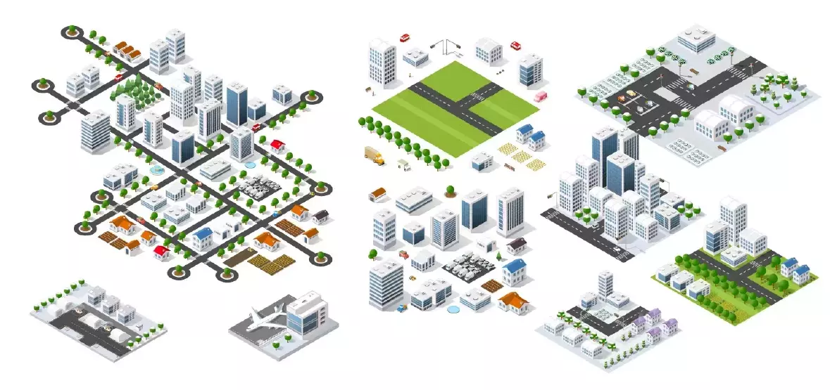 دانلود وکتور مجموعه المان های طراحی ایزومتریک و ساختمان و شهر