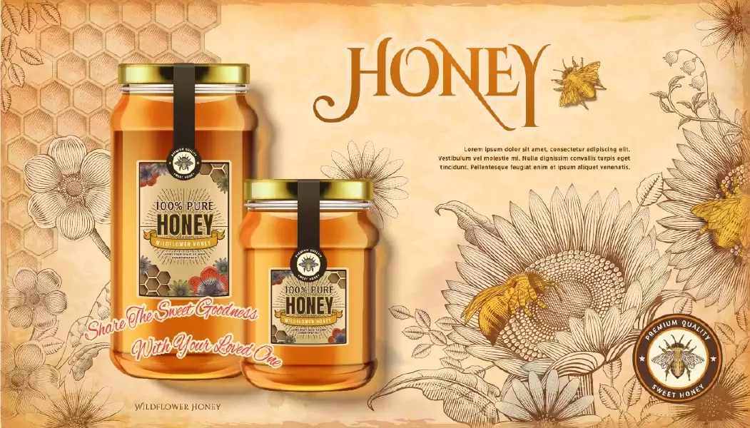 دانلود وکتور طراحی سه بعدی واقع بینانه تبلیغ عسل