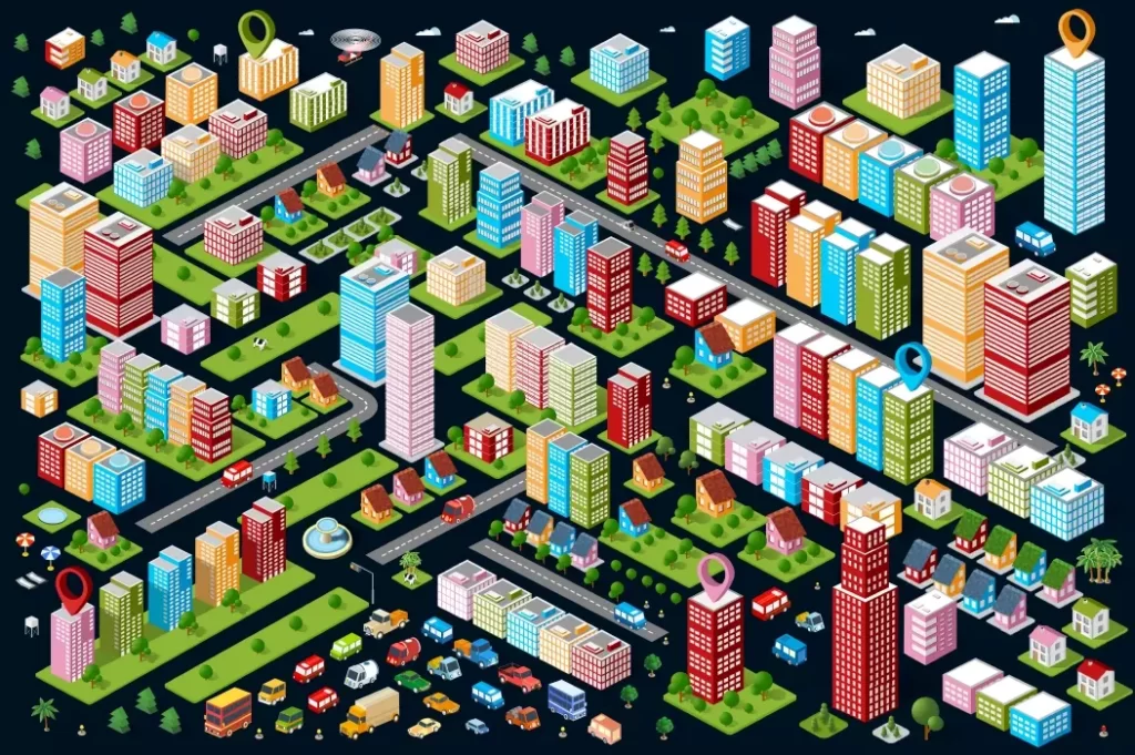 دانلود وکتور کلکسیون عناصر شهر سازی ایزومتریک