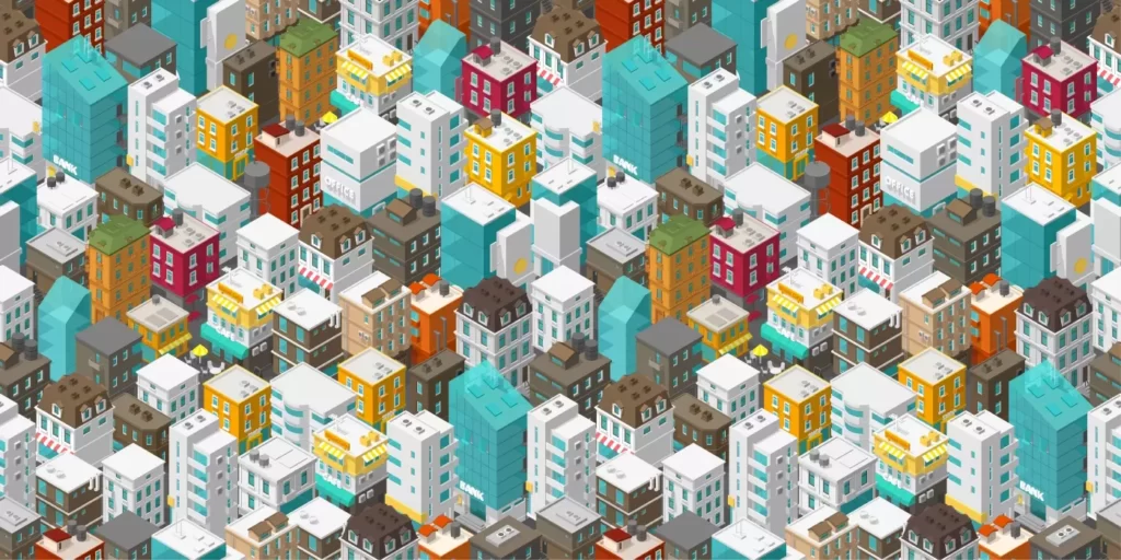 دانلود وکتور طراحی نمای شهر و ساختمان های ایزومتریک