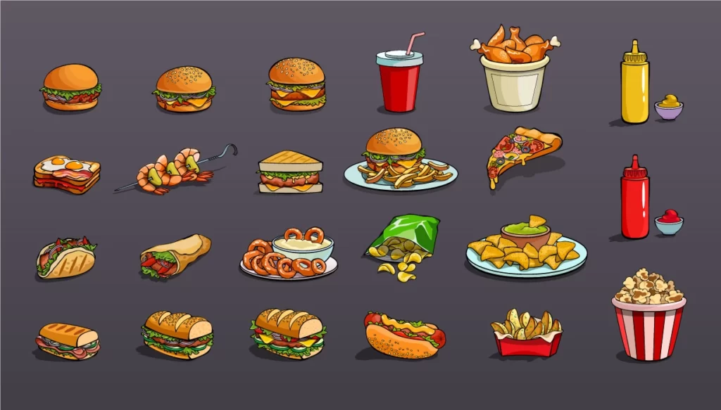 دانلود وکتور مجموعه آیکون های غذا و فست فود