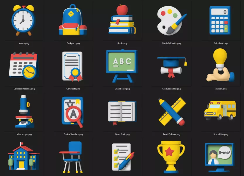 دانلود ست آیکون سه بعدی با موضوع درس و مدرسه (20 PNG)