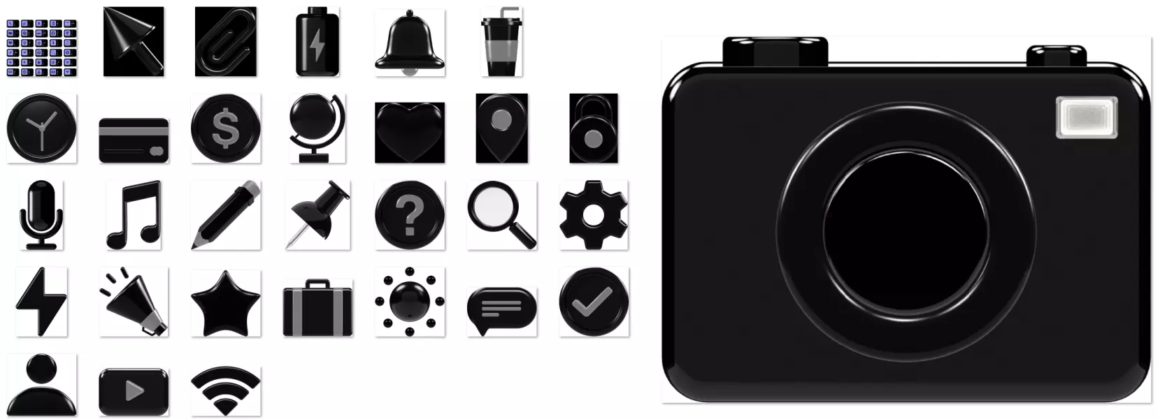 دانلود ست آیکون سه بعدی مختلف سیاه رنگ (30 PNG)