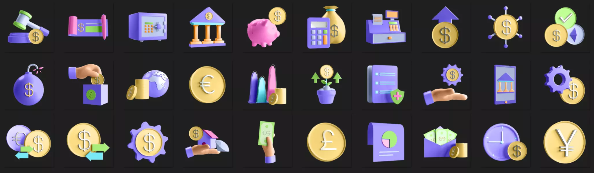 مجموعه آیکون سه بعدی تجاری و ارز دیجیتال شماره سه