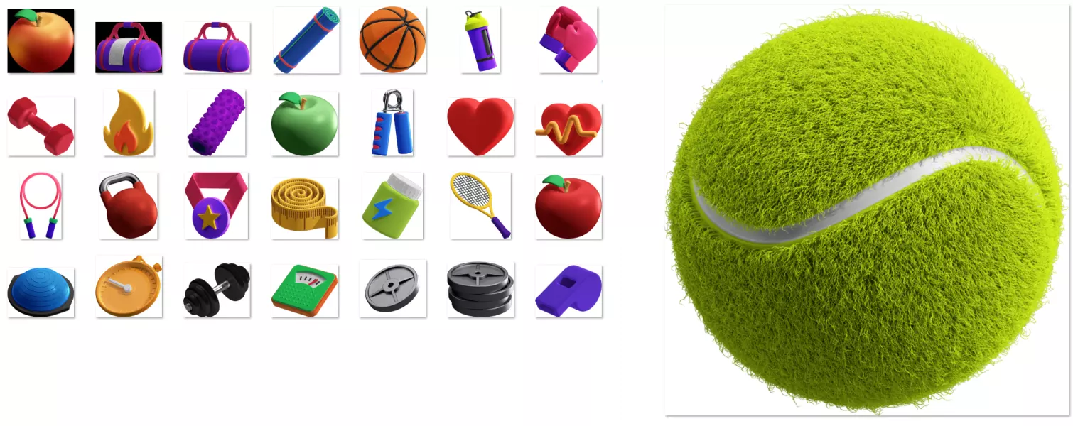 مجموعه آیکون سه بعدی ورزشی واقع بینانه (89 PNG)