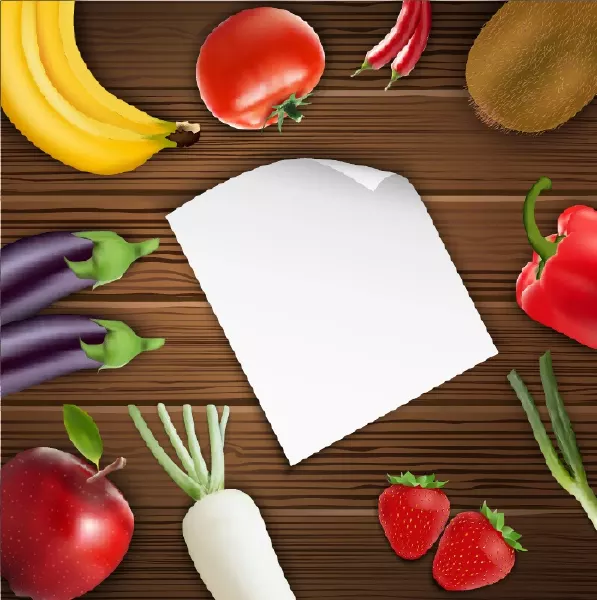 وکتور میوه ها در پس زمینه چوبی و کاغذ سفید