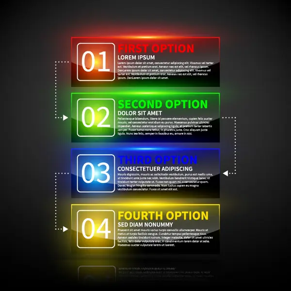 وکتور اینفوگرافیک براق شیشه ای رنگارنگ با چهار مرحله و پله