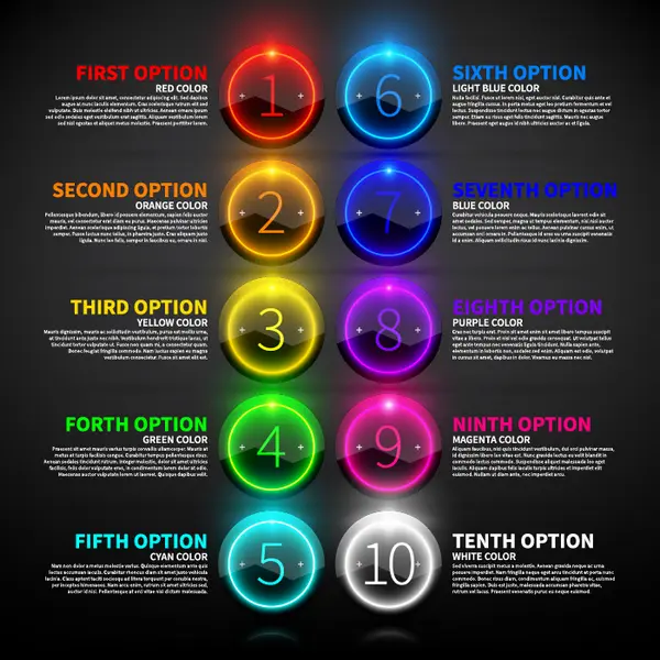 وکتور اینفوگرافیک درخشان رنگارنگ با ده پله و مرحله