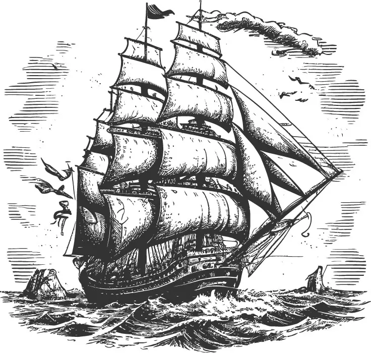 وکتور طراحی سیاه و سفید کشتی و دریا