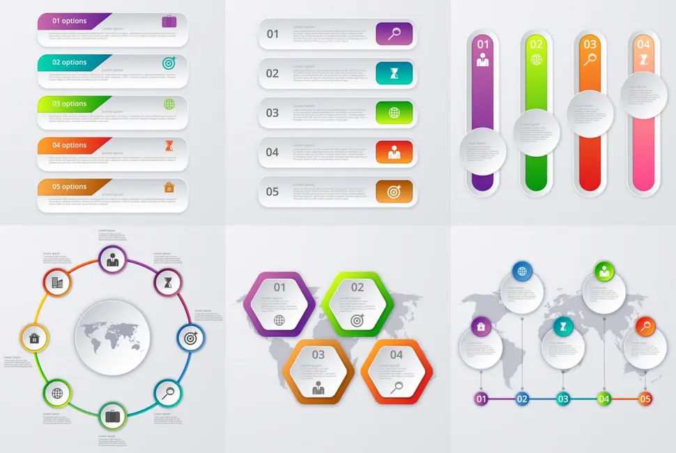 وکتور مجموعه اینفوگرافیک رنگارنگ چند پله ای