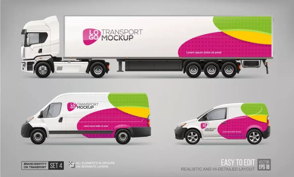 دانلود وکتور مجموعه وسایل حمل و نقل و طرح بدنه تبلیغاتی