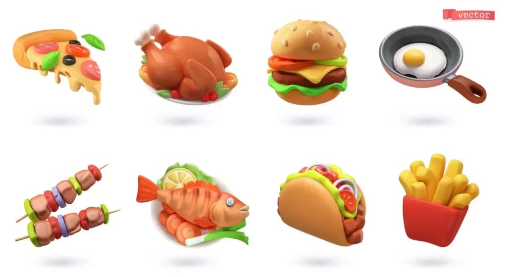 وکتور مجموعه آیکون سه بعدی غذا و خوراکی