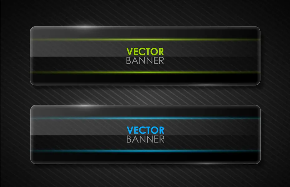 وکتور دکمه و بنر شیشه ای شفاف سبز و آبی