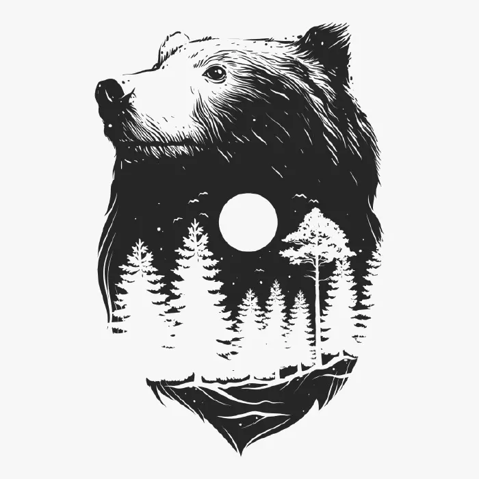 وکتور طراحی سیاه و سفید هنری خرس و طبیعت