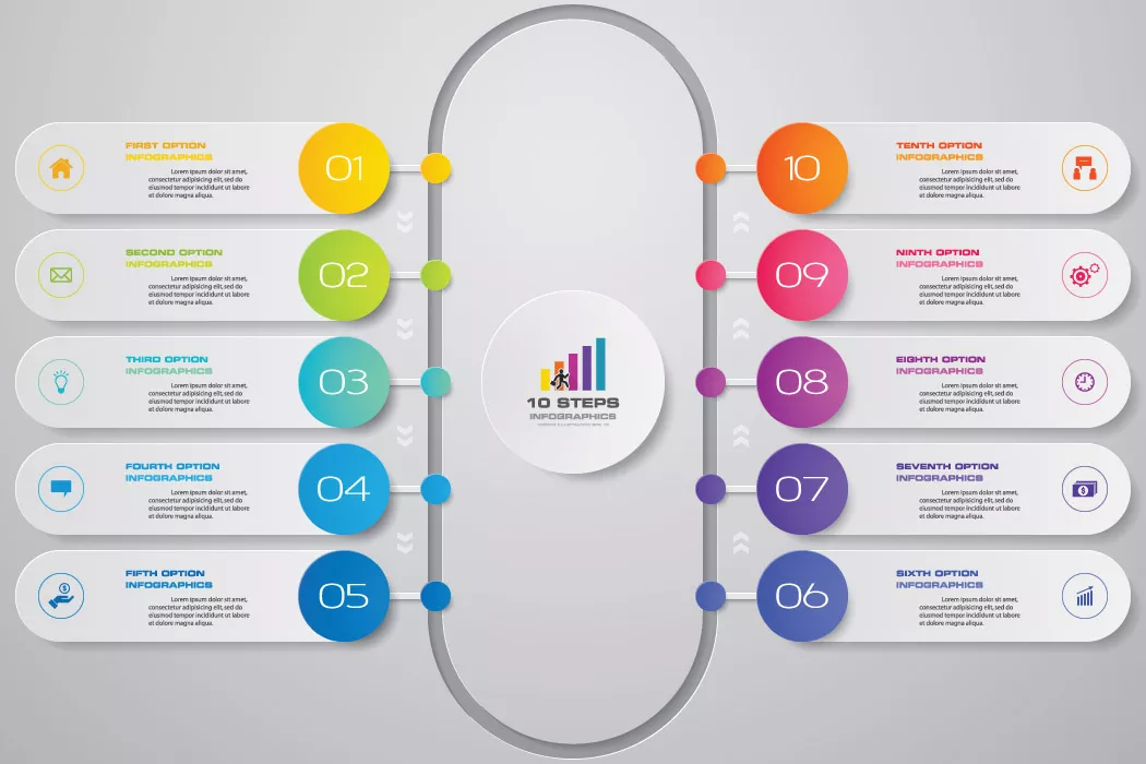 وکتور اینفوگرافیک با ده مرحله سفید و رنگارنگ