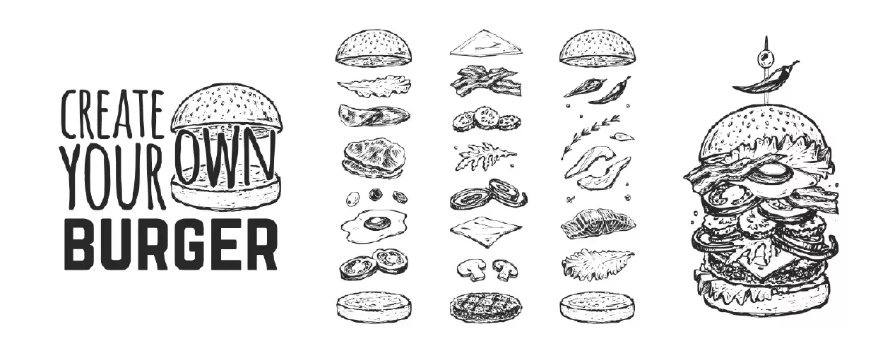 وکتور طراحی سیاه و سفید همبرگر و فست فود