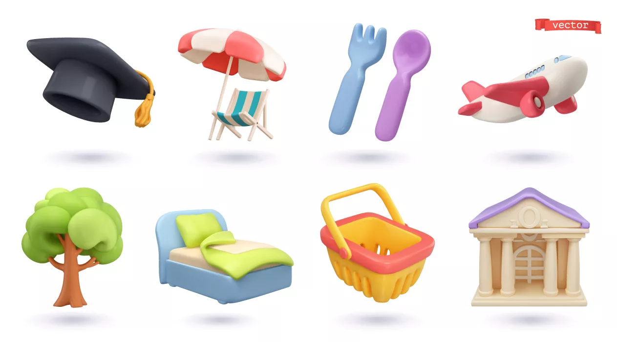 وکتور ست آیکون سه بعدی دانشگاه و سفر