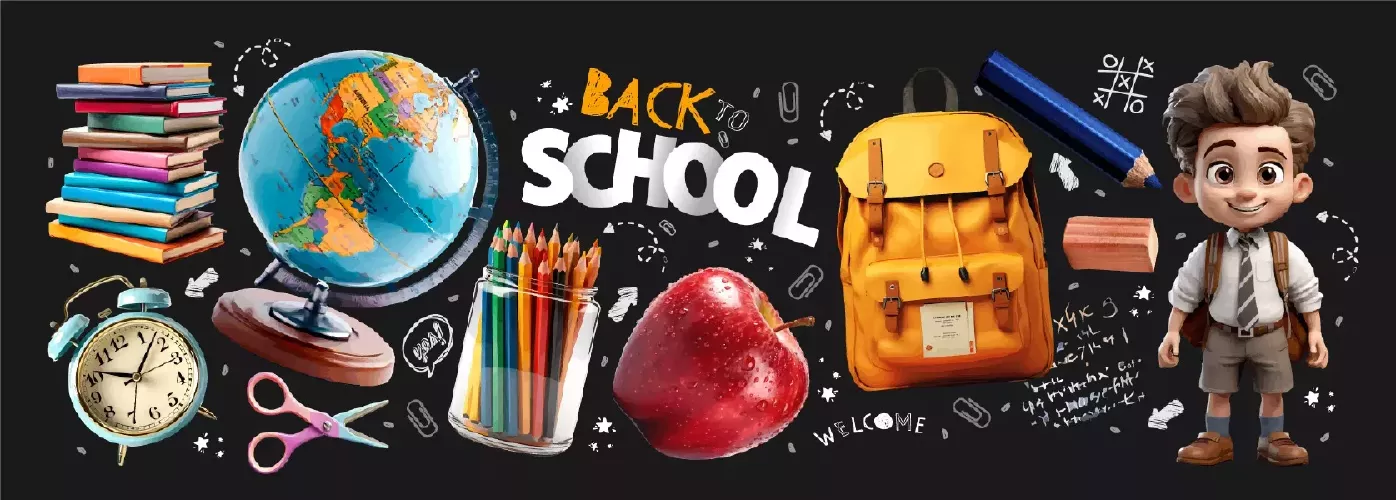 وکتور سه بعدی کاراکتر دانش آموز و لوازم تحریر