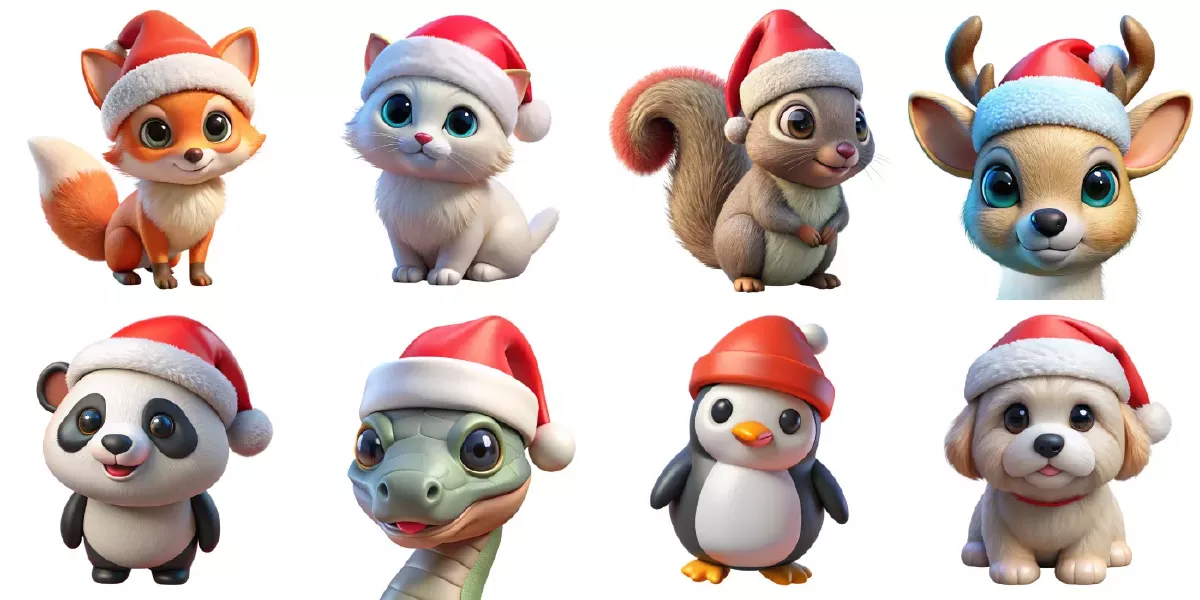 وکتور سه بعدی حیوانات کارتونی و کریسمس