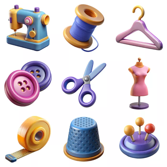 وکتور ست آیکون سه بعدی لوازم خیاطی