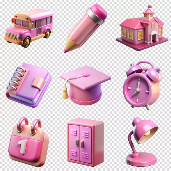 وکتور ست آیکون سه بعدی مدرسه سبک دخترانه