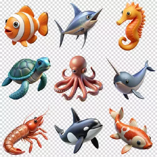 وکتور ست آیکون سه بعدی ماهی ها و آبزیان