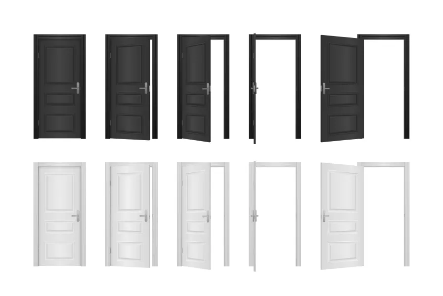 وکتور درب های چوبی سفید و سیاه واقع بینانه باز و بسته