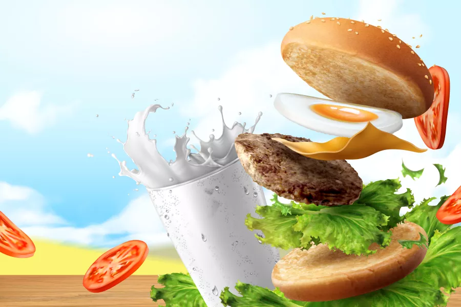 وکتور تبلیغ واقع بینانه فست فود و همبرگر