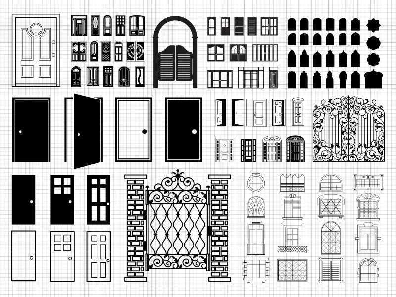 وکتور سیاه و سفید درب و پنجره
