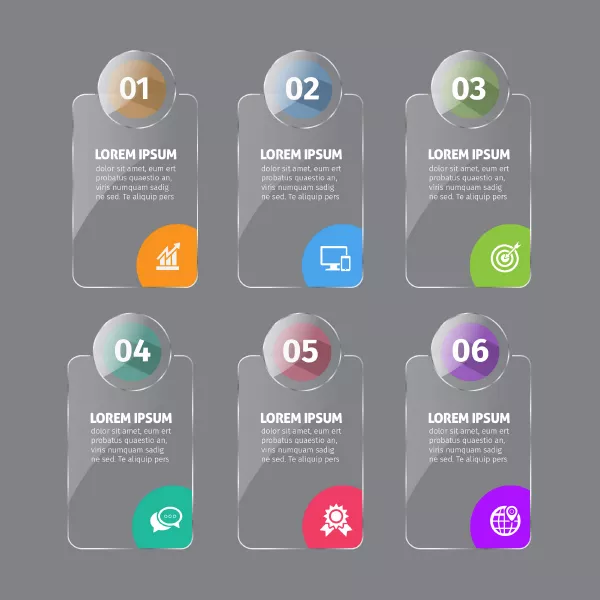 وکتور اینفوگرافیک شیشه ای رنگارنگ با شش مرحله