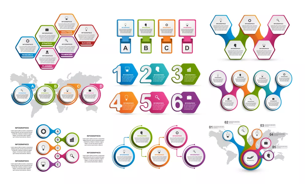 وکتور مجموعه اینفوگرافیک رنگارنگ گرد و چند ضلعی