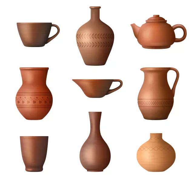 وکتور طراحی واقع بینانه ظروف سفالی و کوزه