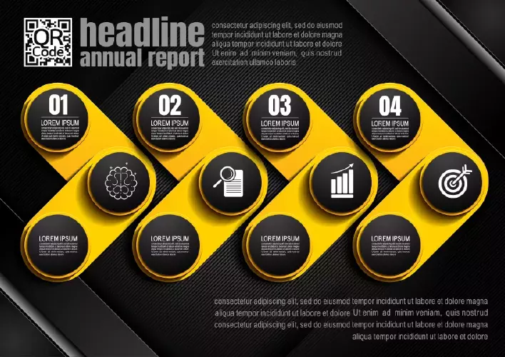 وکتور اینفوگرافیک زرد و سیاه با چهار پله دایره ای
