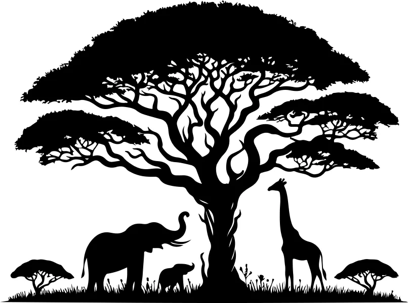 وکتور سیاه و سفید حیوانات و درخت