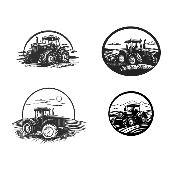 وکتور طراحی سیاه و سفید کشاورزی و تراکتور