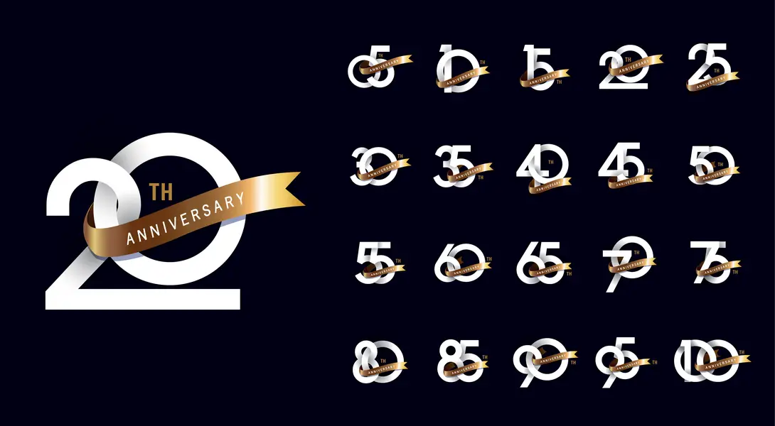 وکتور اعداد سالگرد و روبان طلایی