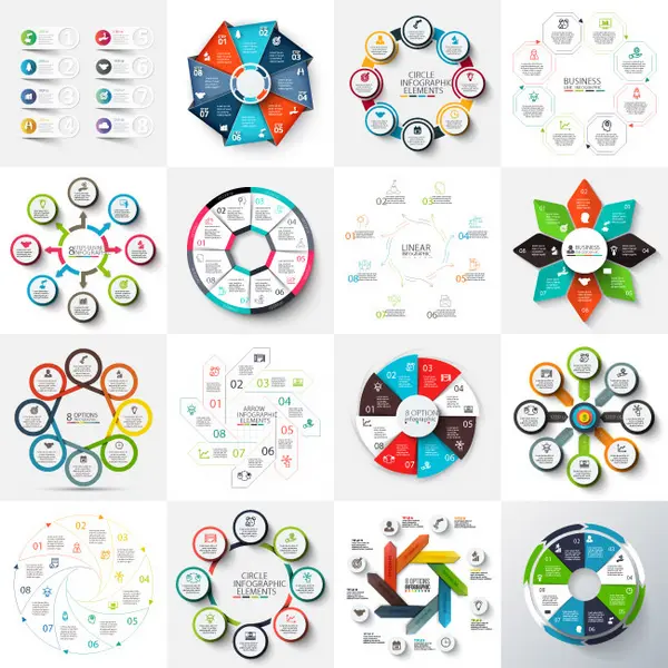 وکتور کلکسیون فایل های اینفوگرافیک دایره ای رنگارنگ مختلف