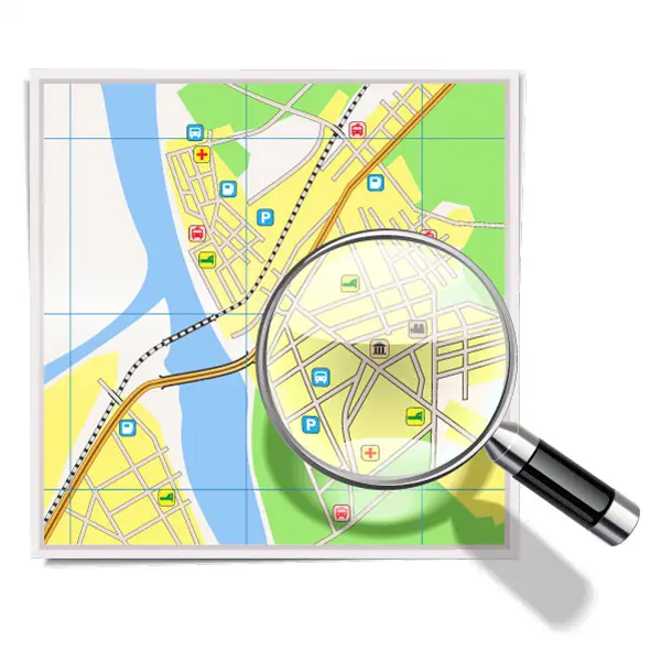 وکتور سه بعدی آیکون نقشه و ذره بین