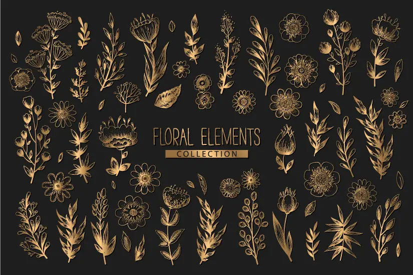 وکتور کلکسیون طراحی گل و گیاهان طلایی