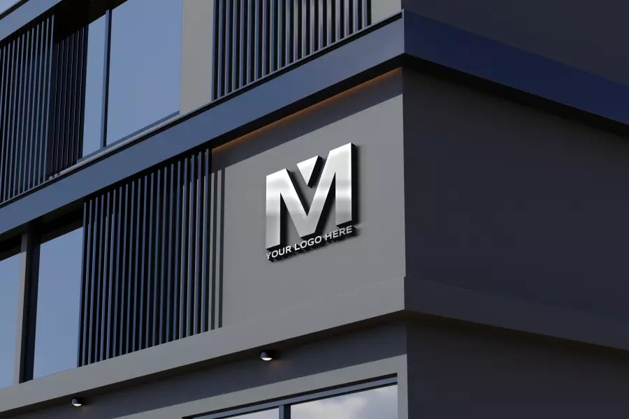 موکاپ ساختمان تجاری واقع بینانه و لوگو فلزی