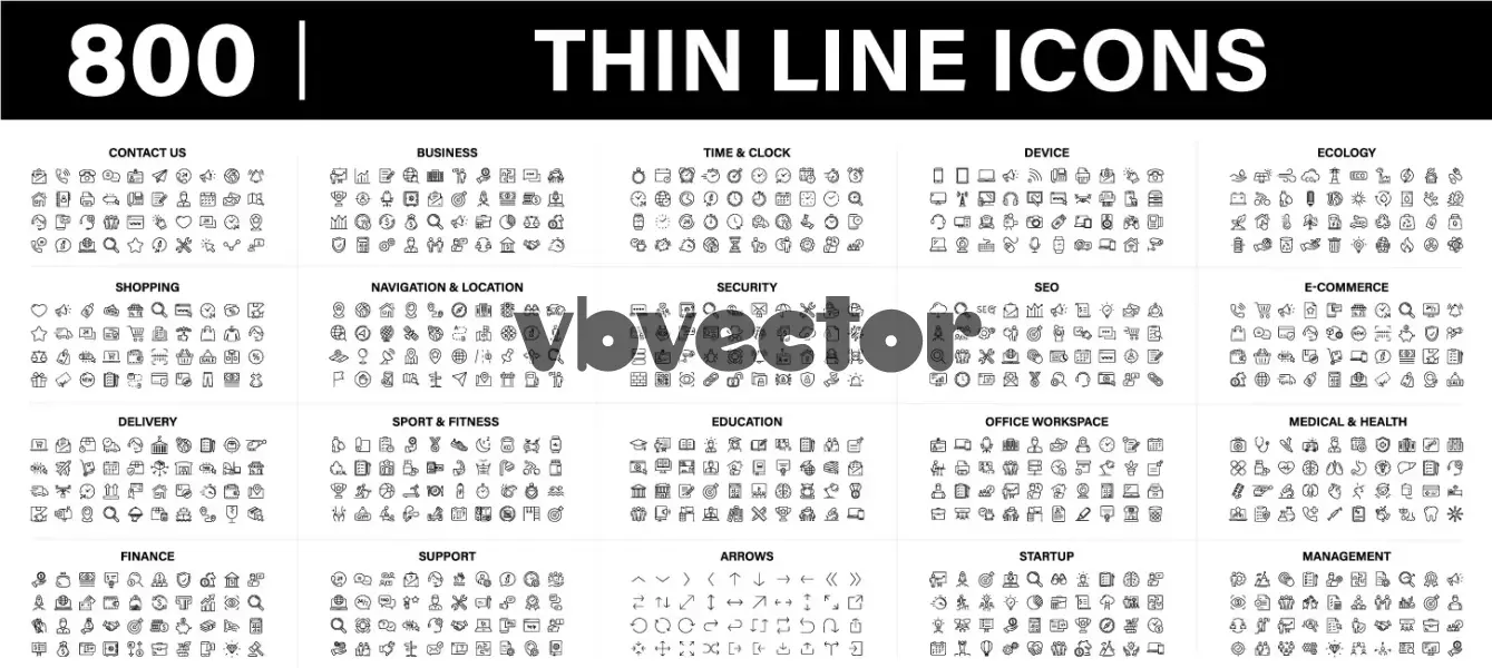 وکتور کلکسیون ۸۰۰ آیکون خطی سیاه و سفید