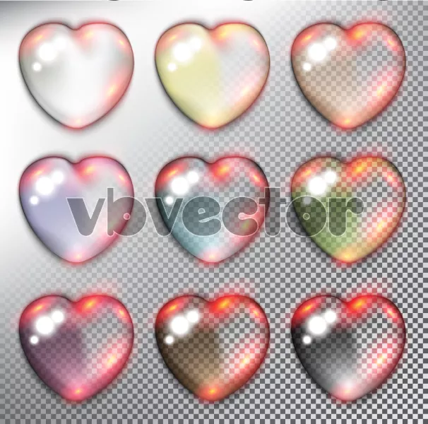 وکتور قلب های شیشه ای شفاف رنگارنگ